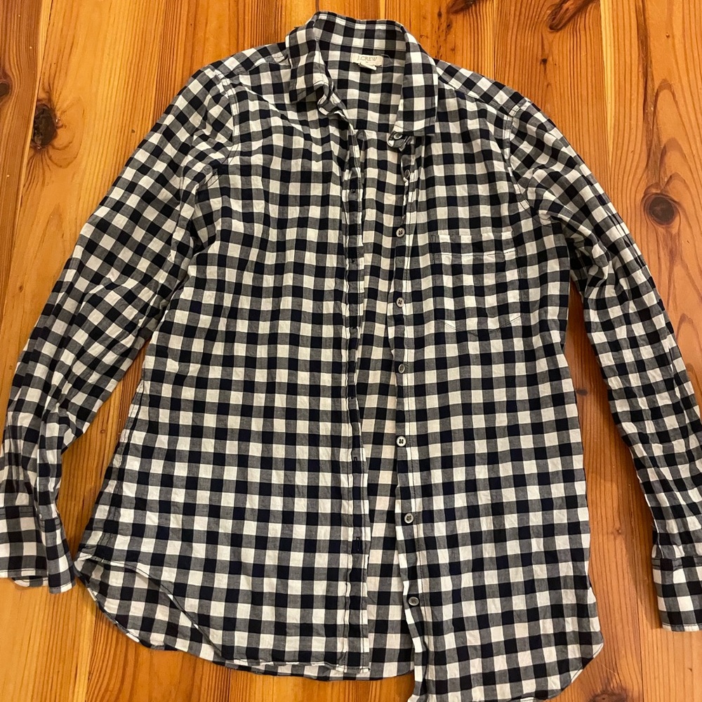 J Crew Gingham Navy and White Button-Up Shirt